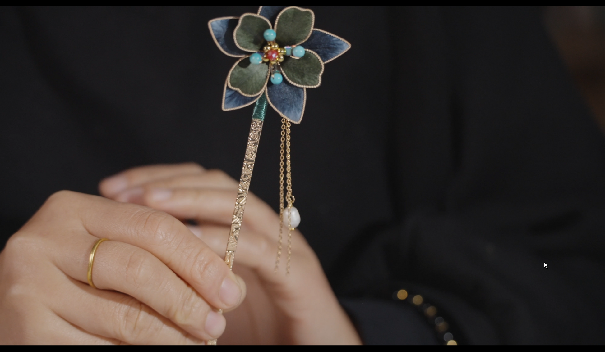 Chinese velvet flower hair stick worn in traditional hairstyle - elegant hair accessory lifestyle photo