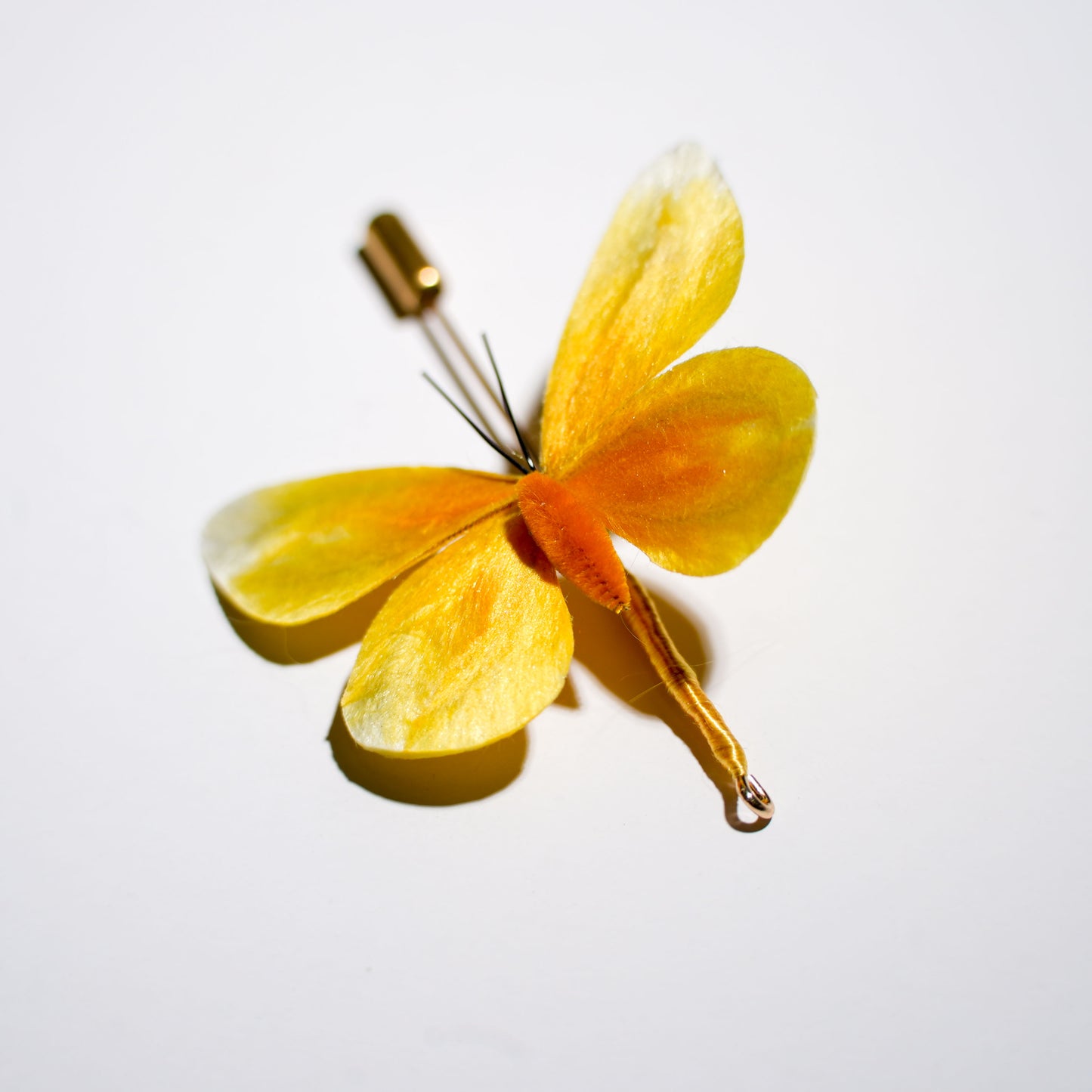 Yellow gradient Chinese velvet flower butterfly brooch handmade with silk floss - front view