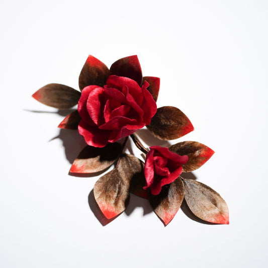 Red Chinese velvet flower rose brooch with brown leaves - handmade silk floss craft front view