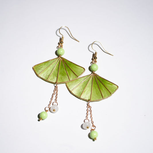 Green gradient Chinese velvet flower fan-shaped earrings with golden edges and bead tassels - product photo