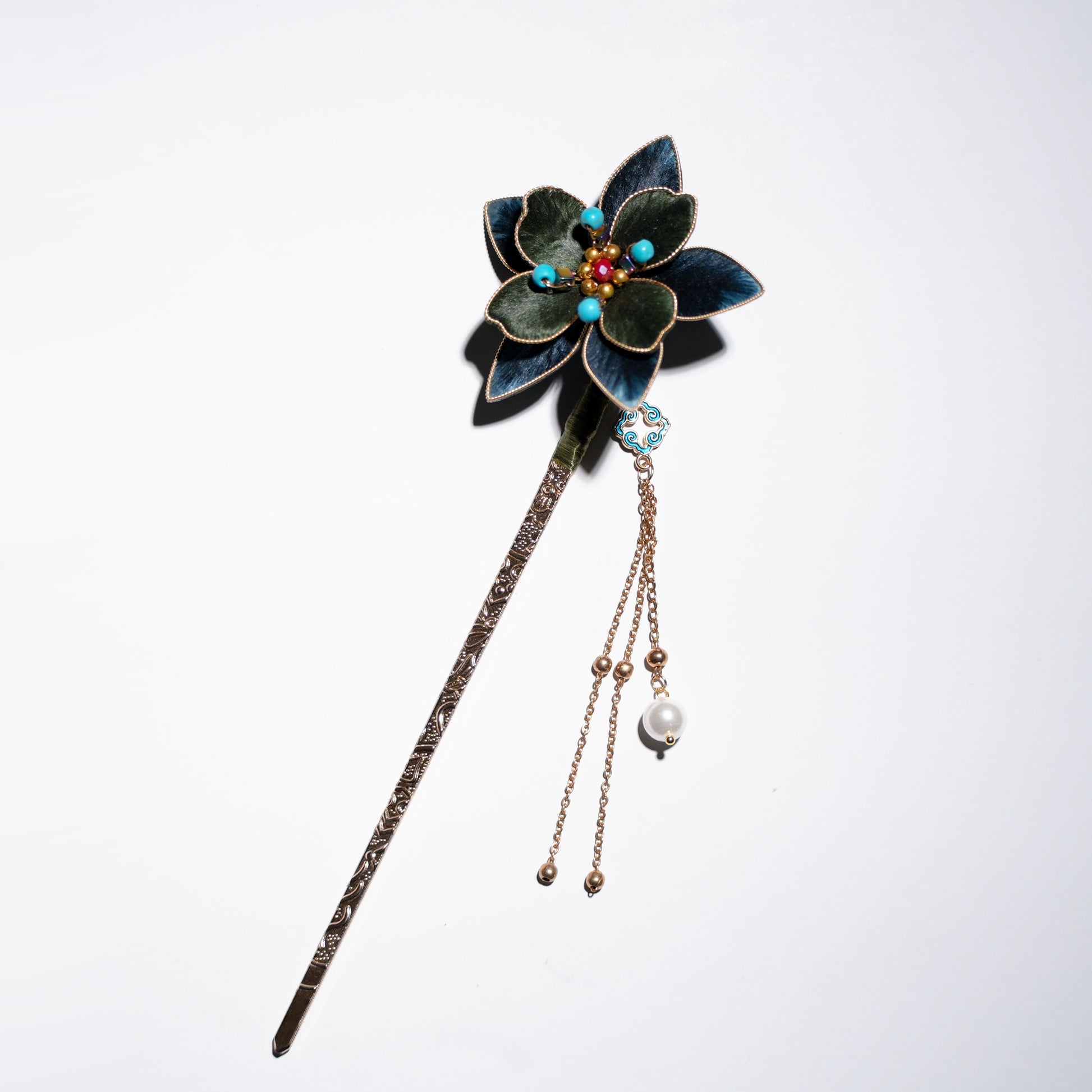 Blue-green gradient Chinese velvet flower tasseled hair stick with golden chains and pearl accents - front view
