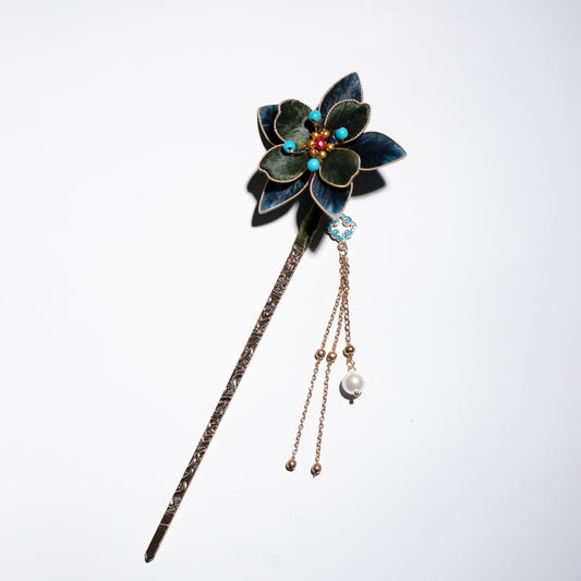 Blue-green gradient Chinese velvet flower tasseled hair stick with golden chains and pearl accents - front view
