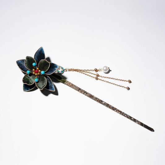 Chinese velvet flower tasseled hair stick side angle showing layered petal details and tassel flow