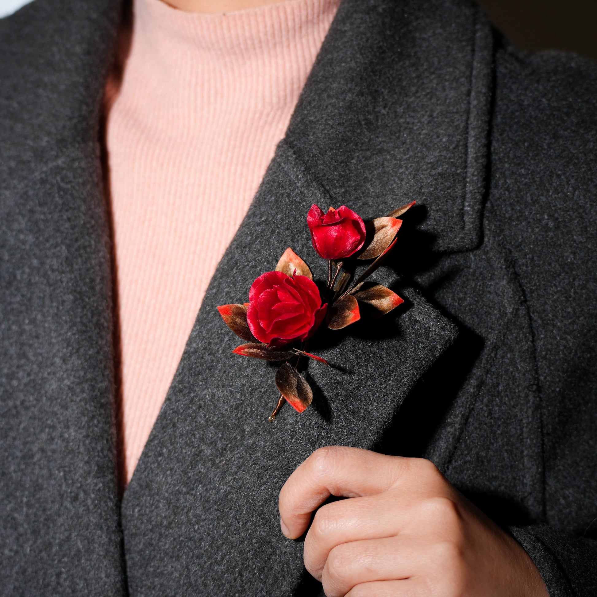 Velvet flower rose brooch worn on coat lapel - classic elegant look