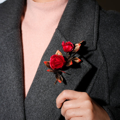 Velvet flower rose brooch worn on coat lapel - classic elegant look