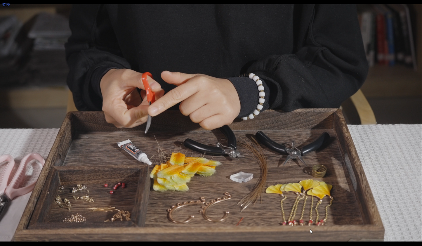 Complete materials kit for velvet flower ginkgo ear hooks including silk floss, beads, tools, and ear hooks