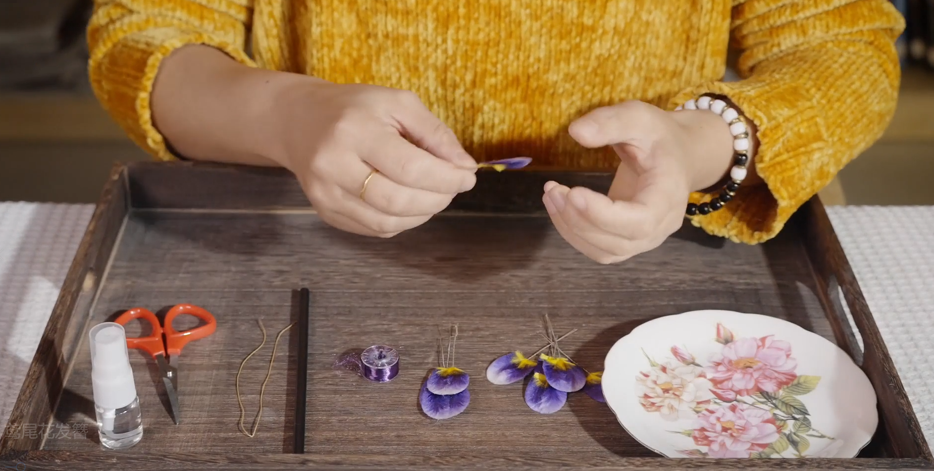 Complete materials kit for velvet flower iris hair stick including silk floss, wire, and tools