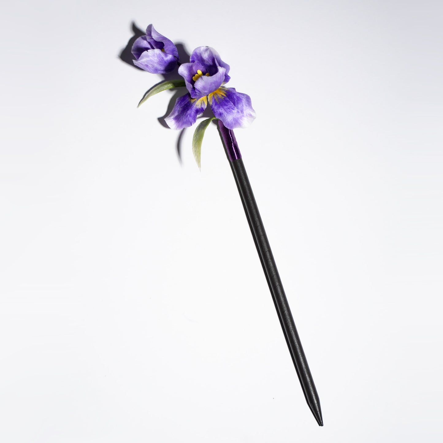 Purple gradient Chinese velvet flower iris hair stick with yellow center and green leaves - product photo