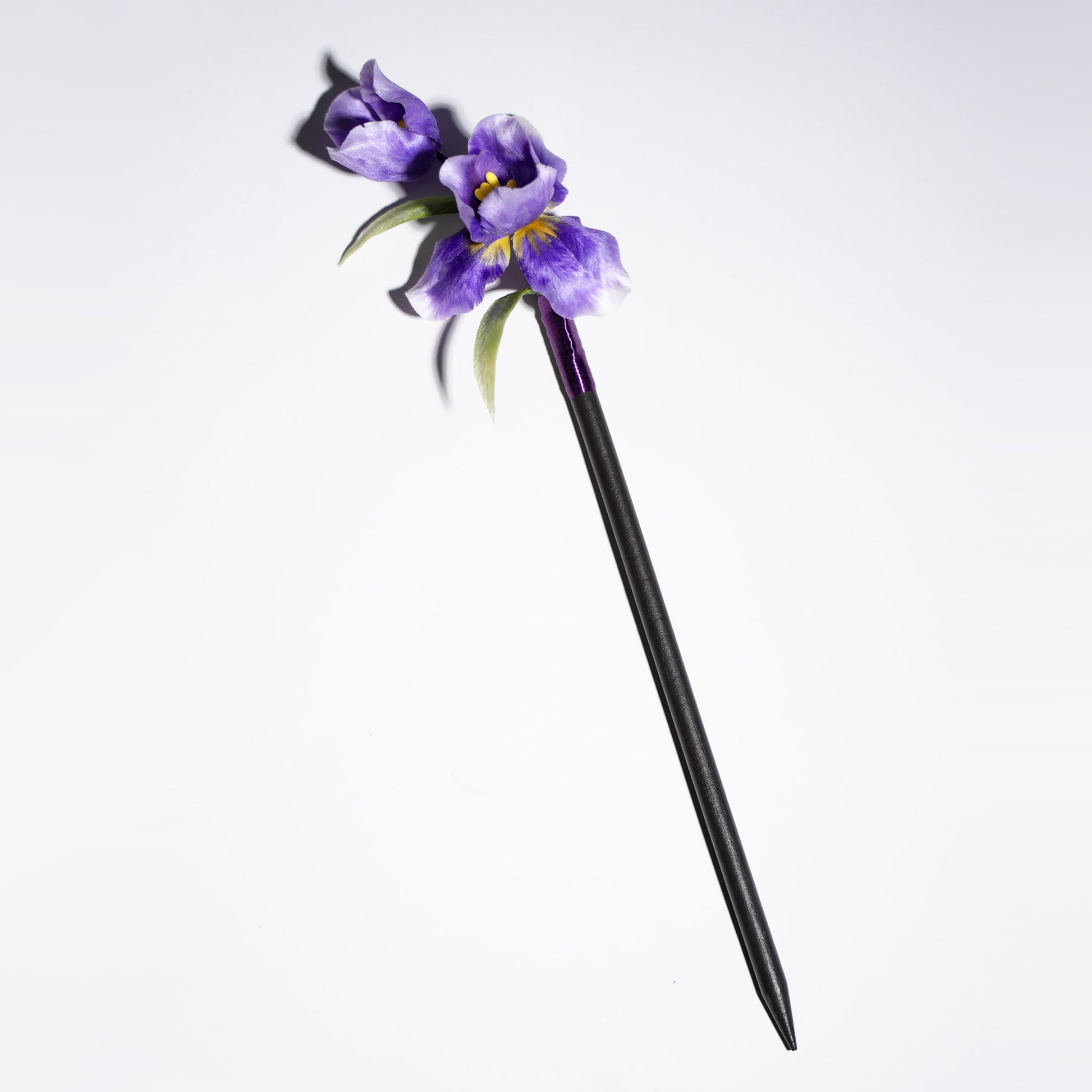 Purple gradient Chinese velvet flower iris hair stick with yellow center and green leaves - product photo