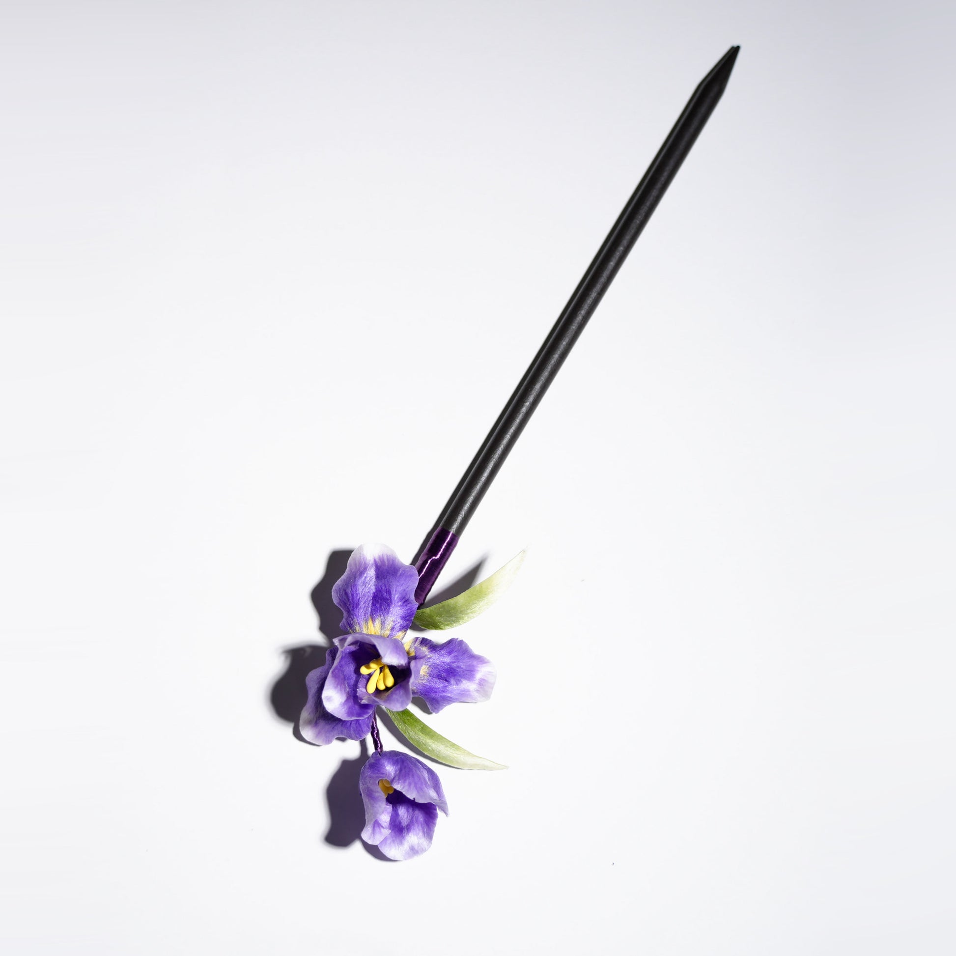 Velvet flower iris hair stick different angle showing ruffled petal details