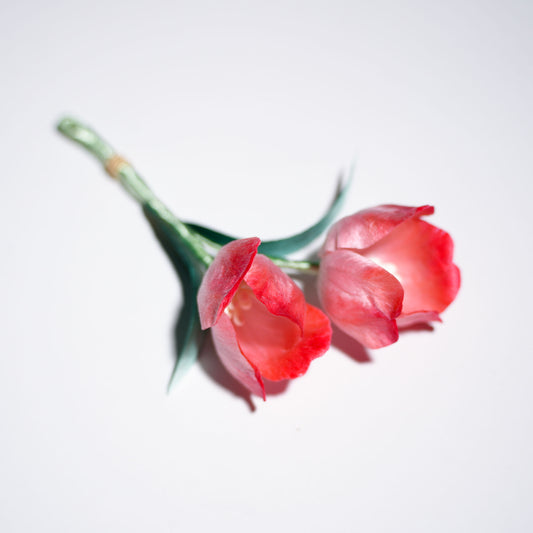 Pink gradient Chinese velvet flower tulip brooch with green stem and leaves - handmade silk floss craft